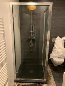 Douchebak en -wand geplaatst